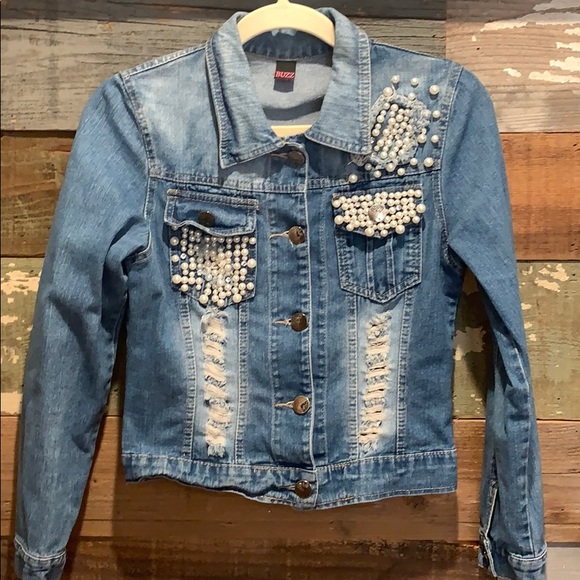 buzz Jackets & Blazers - Distressed denim and pearls jean jacket